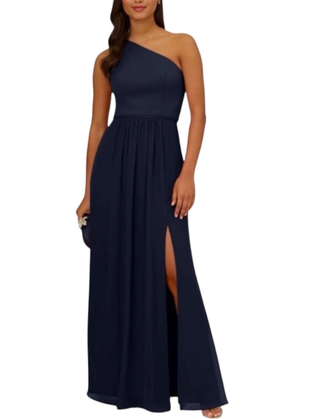 NWT ADRIANNA PAPELL Navy Chiffon One-Shoulder Slit Maxi Dress Gown Size 4